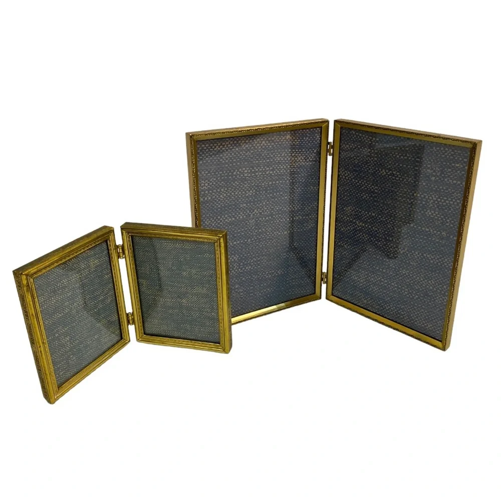 Lot (2) Vintage Photo Frame Bi-Fold Gold Brass 3x4 & 5x7 Hinged Cottagecore